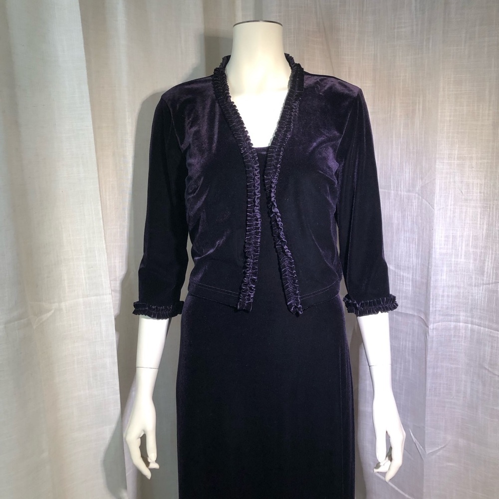 Vtg 90s Robbie Bee Velvet Maxi Dress with Ruffle Trim Jacket Set